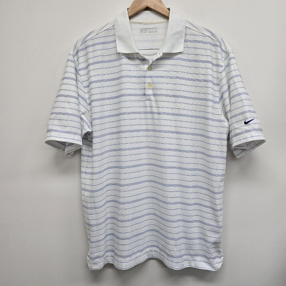 Nike Fit Dry Golf Mens Collared Polo Shirt White Blue Stripe Size Large